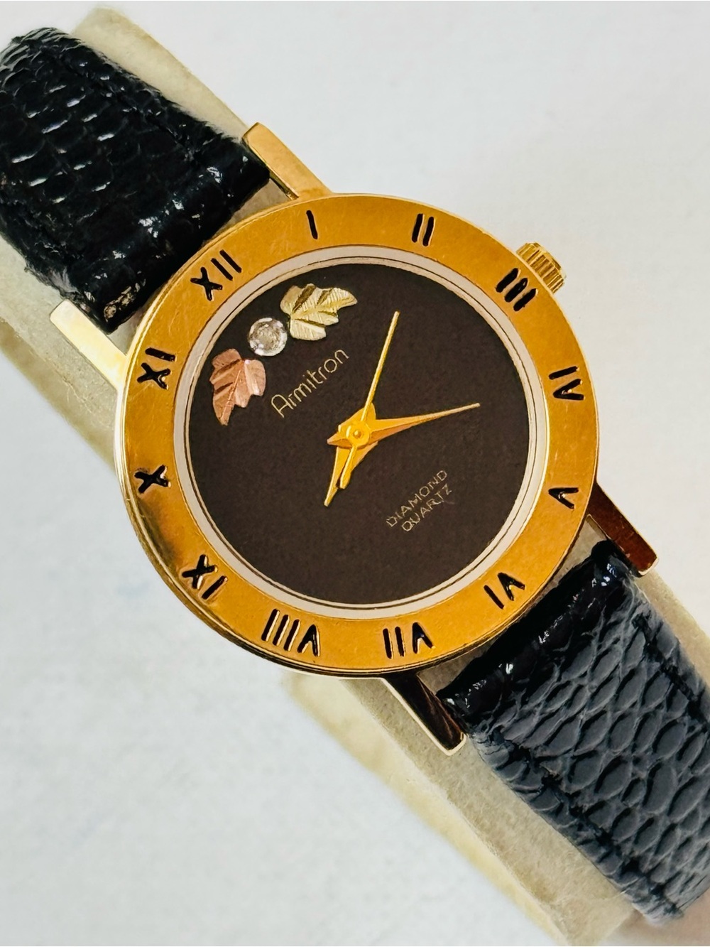 Vintage Armitron 12k Gold Leaves Women's 25mm Watch Black Leather 25/5792